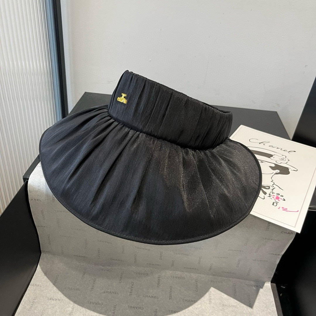 CELINE WIDE BRIM HALF HEAD HAT MODEL 650342 IN BLACK PLEATED SATIN