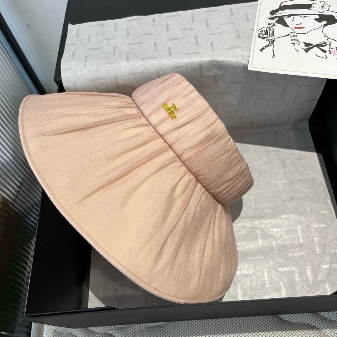CELINE WIDE BRIM HALF HEAD HAT MODEL 650343 IN LIGHT PINK PLEATED SATIN