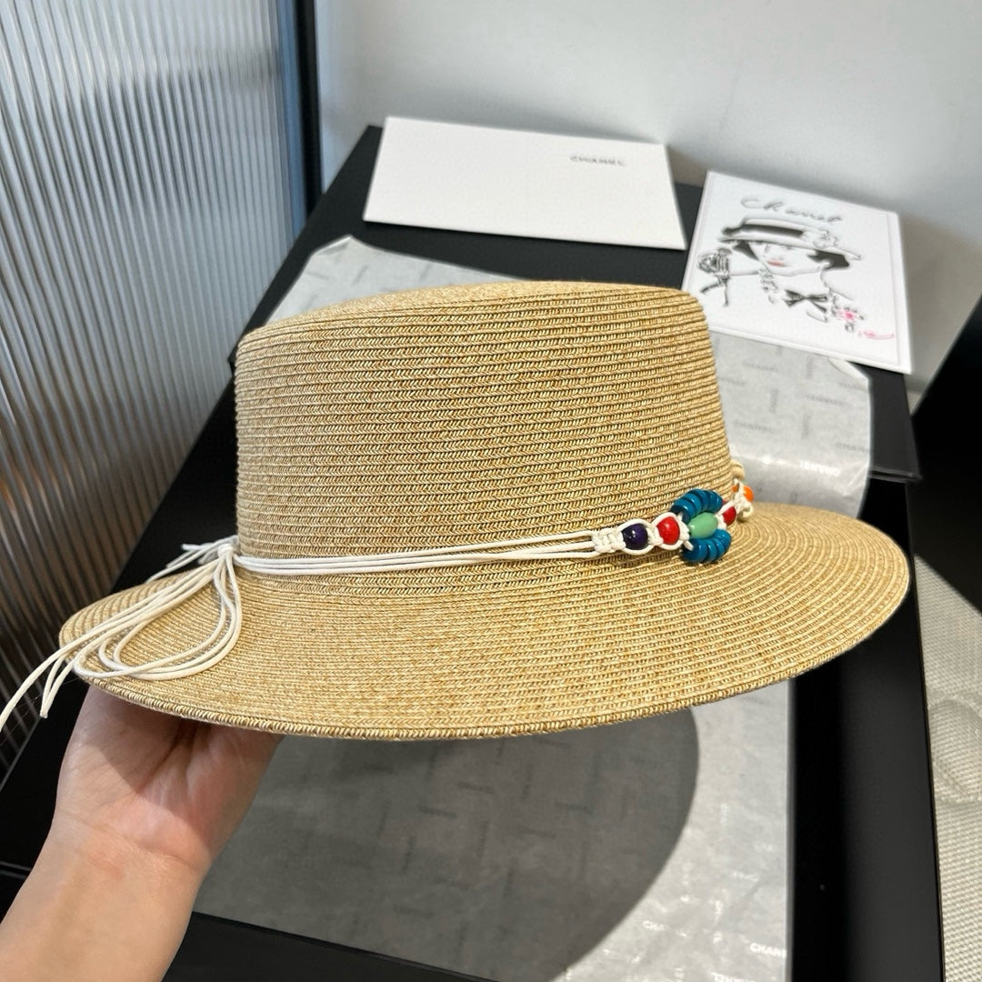 CELINE BEAD DECOR STRAW HAT MODEL 650345 IN NATURAL WOVEN STRAW