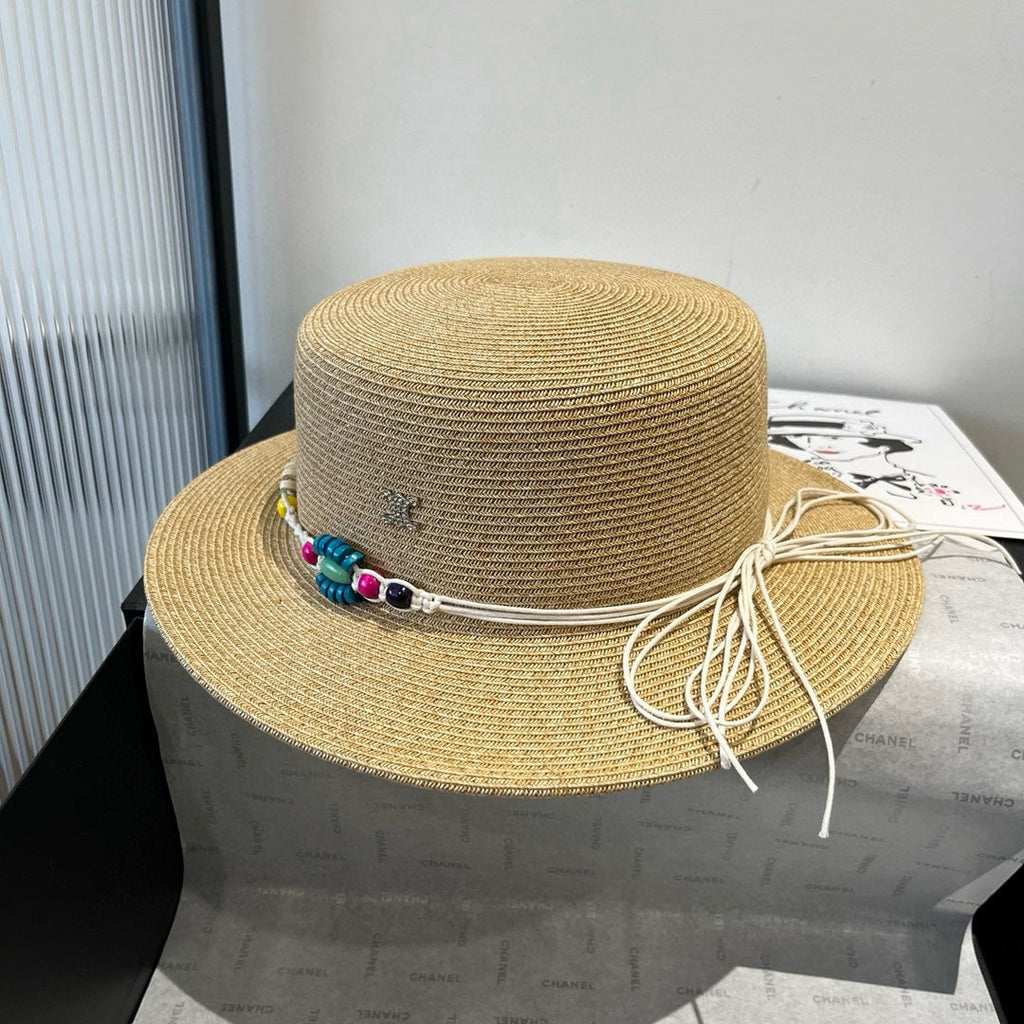 CELINE BEAD DECOR STRAW HAT MODEL 650345 IN NATURAL WOVEN STRAW
