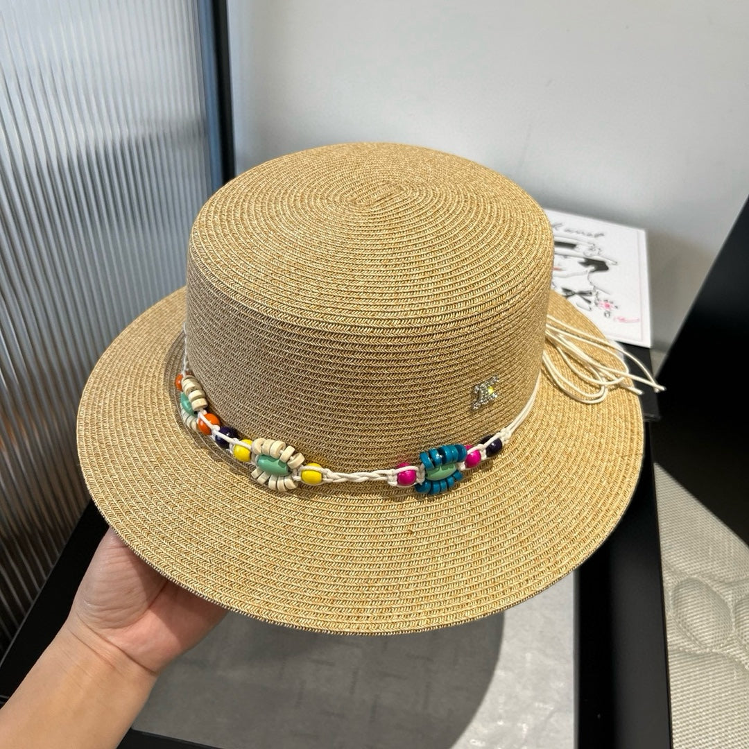 CELINE BEAD DECOR STRAW HAT MODEL 650345 IN NATURAL WOVEN STRAW