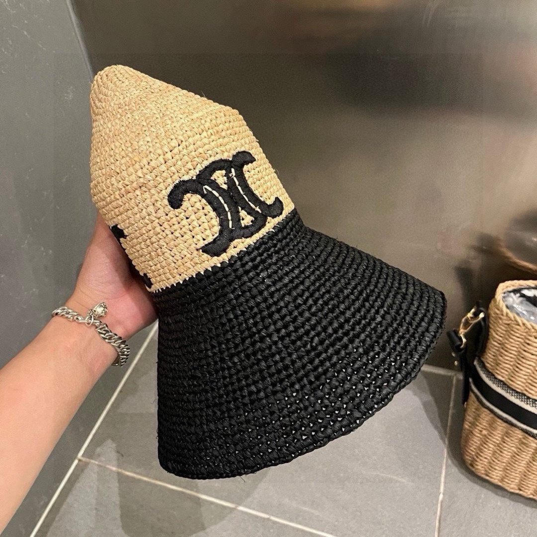 CELINE WIDE BRIM HAT MODEL 650346 IN NATURAL & BLACK WOVEN STRAW