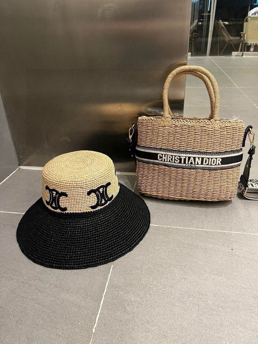 CELINE WIDE BRIM HAT MODEL 650346 IN NATURAL & BLACK WOVEN STRAW