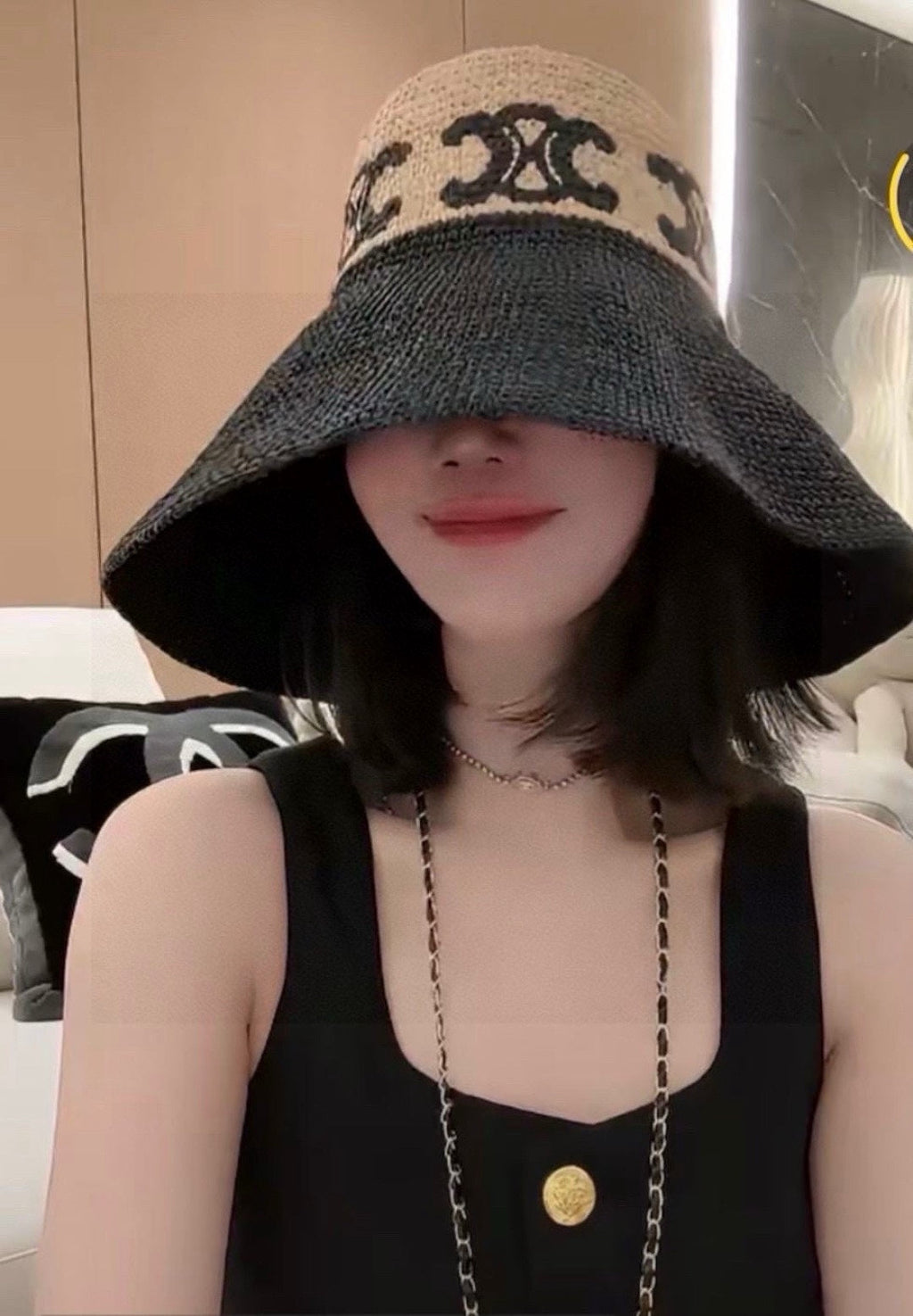 CELINE WIDE BRIM HAT MODEL 650346 IN NATURAL & BLACK WOVEN STRAW