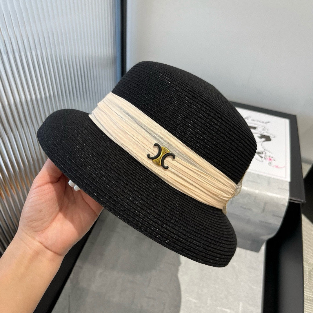 CELINE SMALL BRIM HAT MODEL 650349 IN BLACK WOVEN STRAW