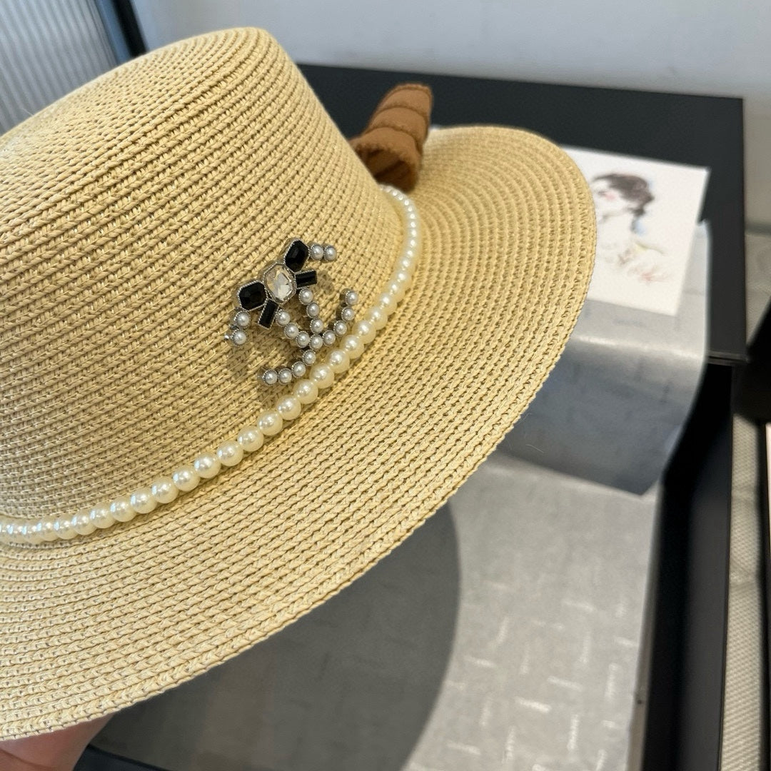 CHANEL FLAT STRAW HAT WITH BOW BROWN 673922