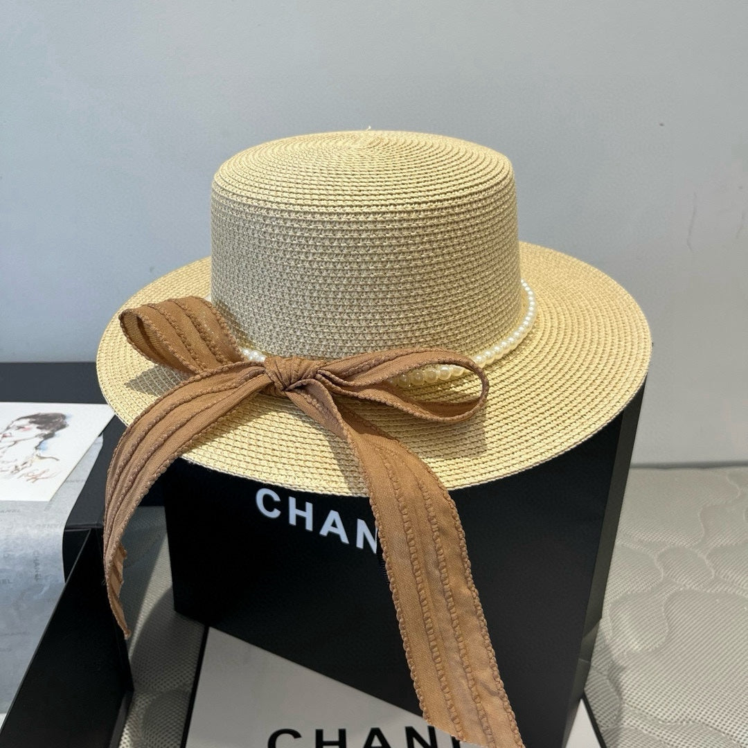 CHANEL FLAT STRAW HAT WITH BOW BROWN 673922