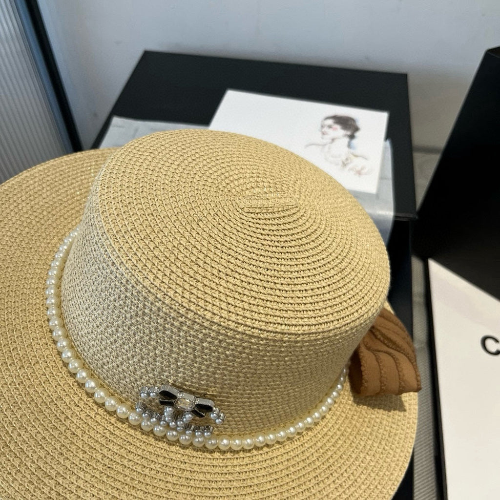CHANEL FLAT STRAW HAT WITH BOW BROWN 673922