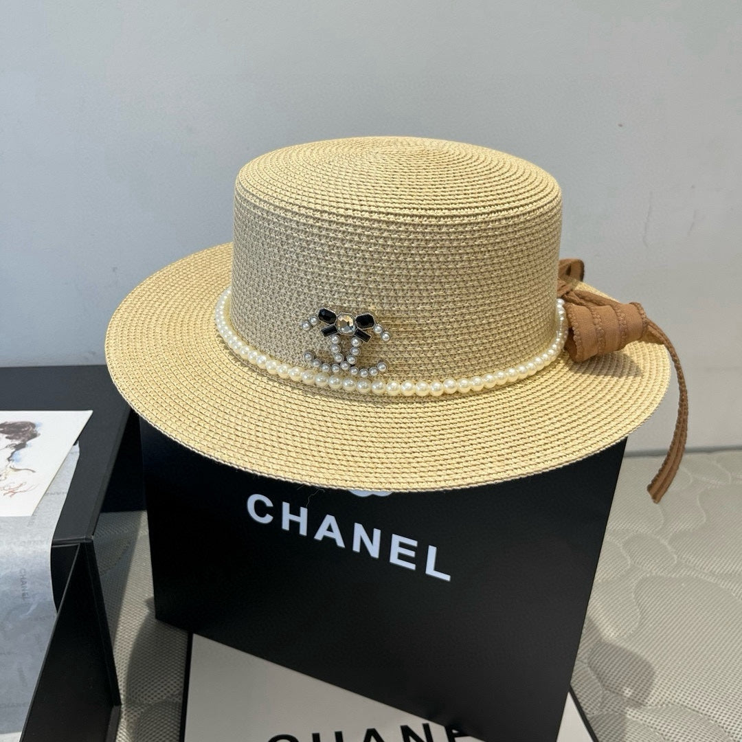 CHANEL FLAT STRAW HAT WITH BOW BROWN 673922