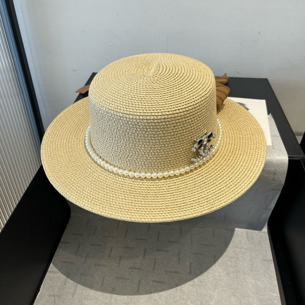 CHANEL FLAT STRAW HAT WITH BOW BROWN 673922