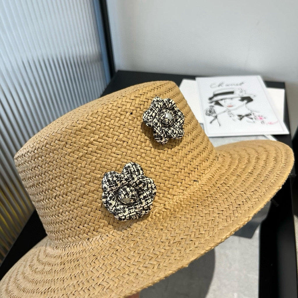 CHANEL FLAT STRAW HAT BROWN FLOWER ATTACHMENT 673930