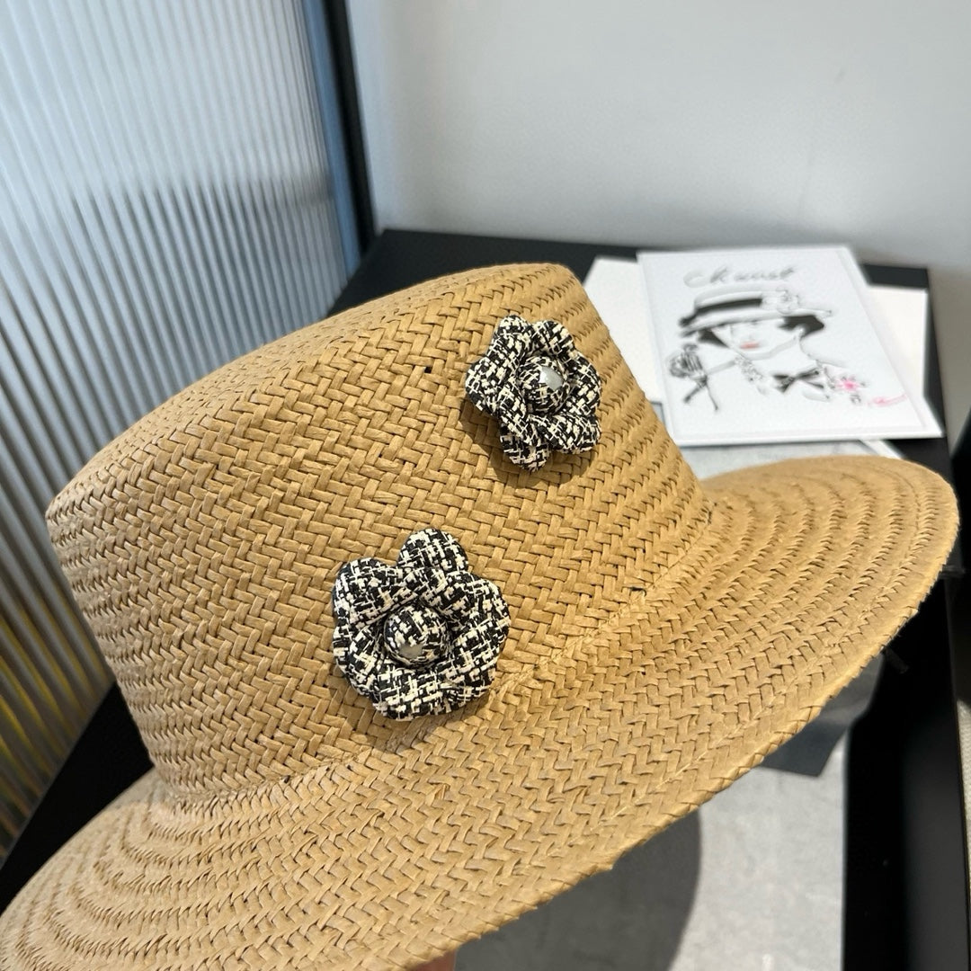 CHANEL FLAT STRAW HAT BROWN FLOWER ATTACHMENT 673930