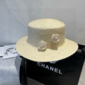 CHANEL FLAT STRAW HAT IVORY FLOWER ATTACHMENT 673932