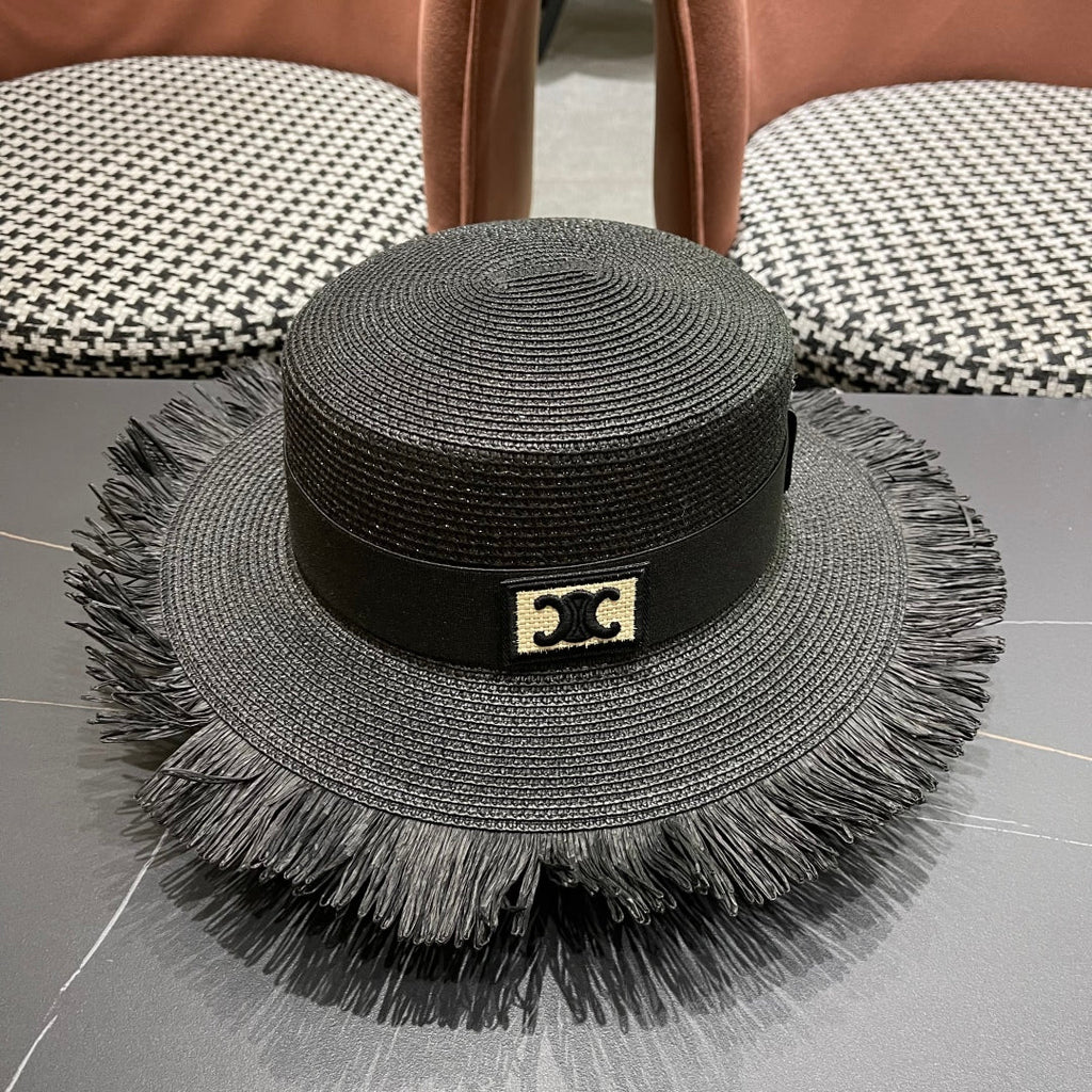CELINE WIDE BRIM HAT MODEL 651883 IN BLACK WOVEN STRAW