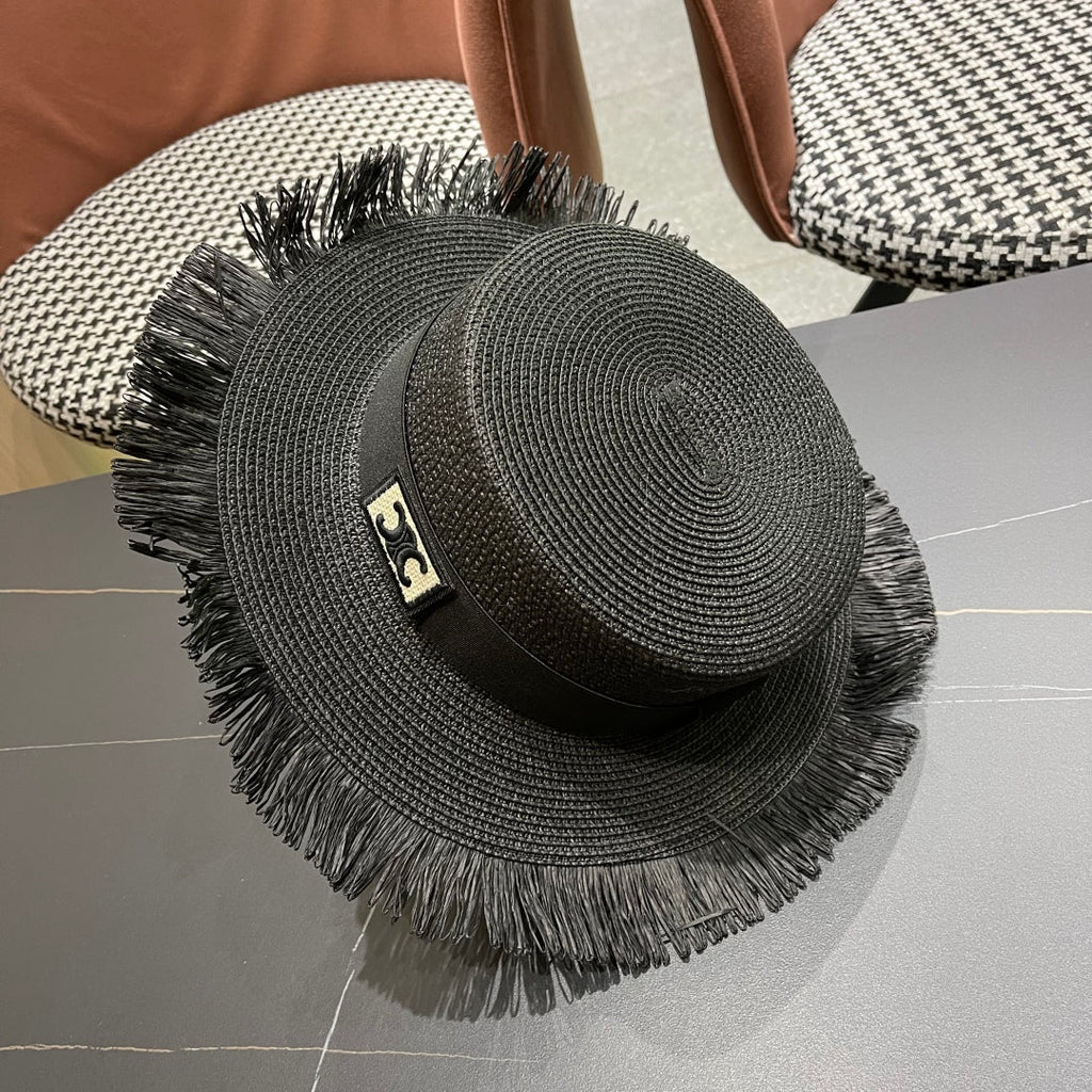 CELINE WIDE BRIM HAT MODEL 651883 IN BLACK WOVEN STRAW
