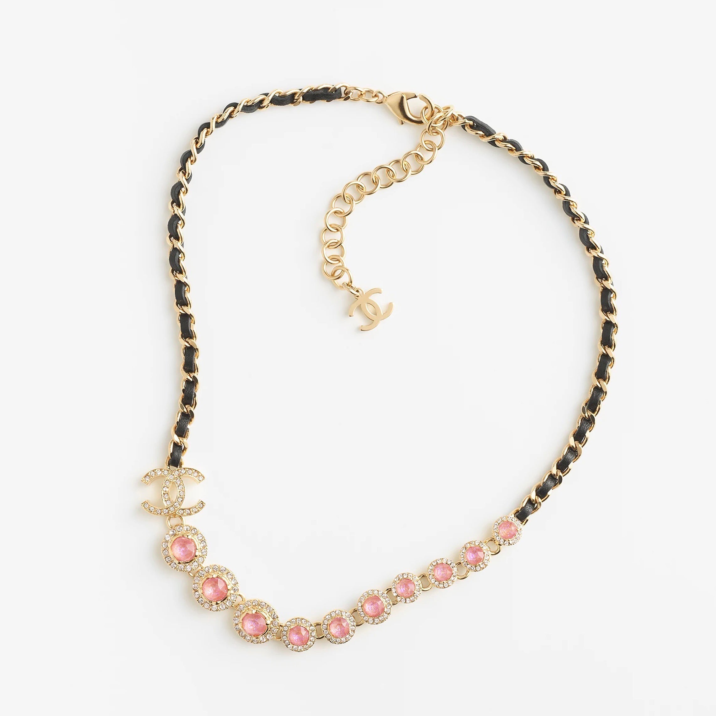 18K  Chanel Pink Crystals Leather Necklace