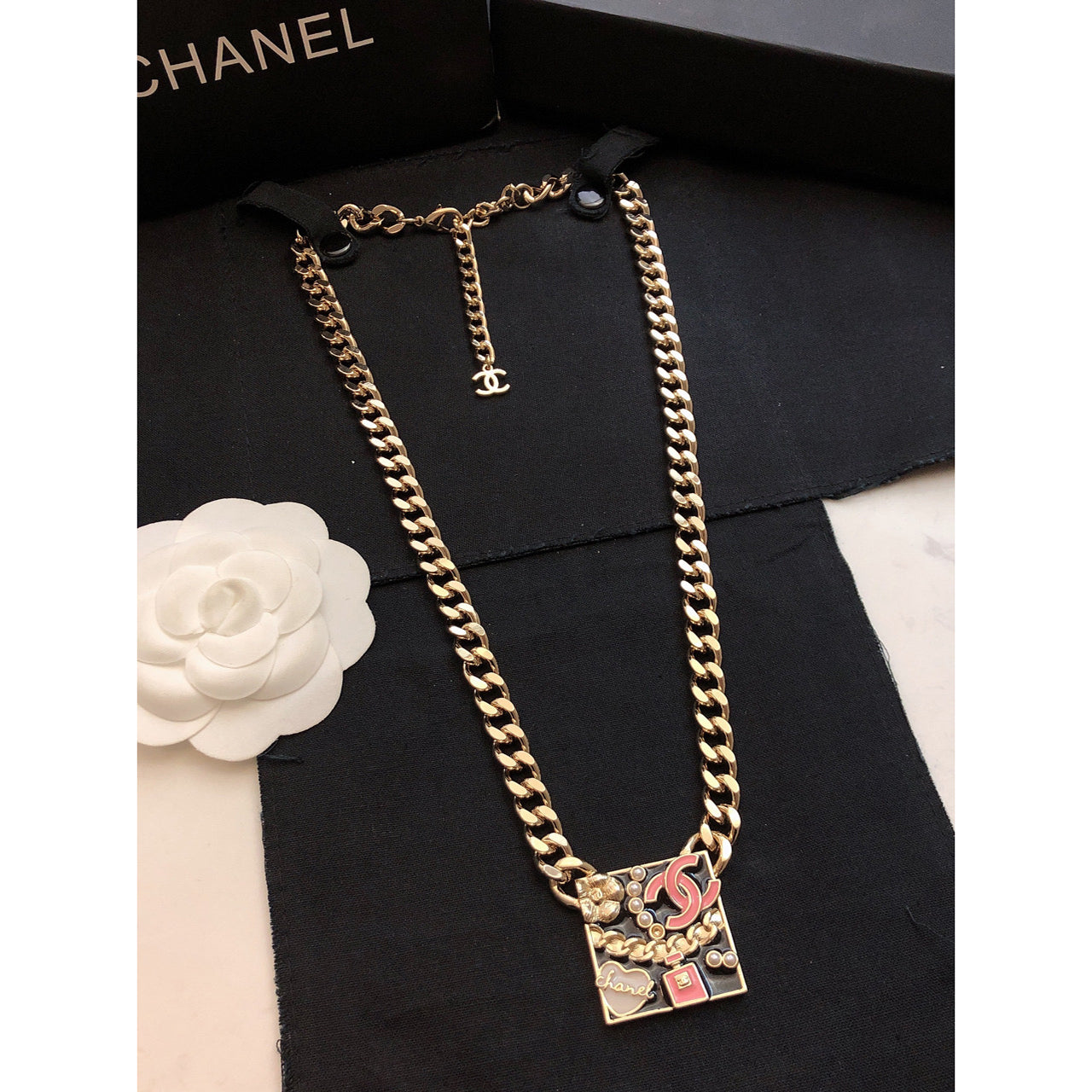 18K  Chanel Pink Logo Chain Necklace