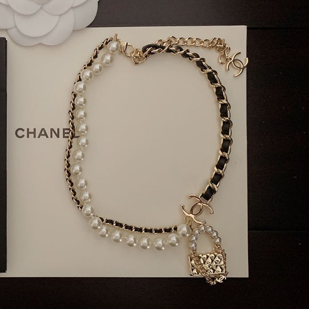 18K  Chanel Pearl Leather Bag Pendant Necklace