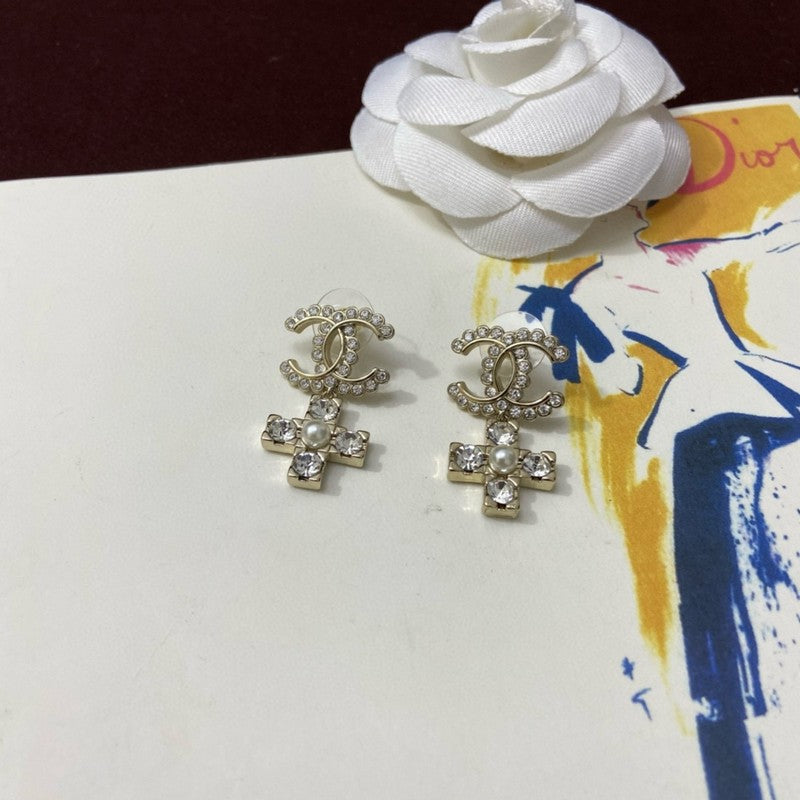 18K  Chanel Cross Pearl & Diamond Earrings