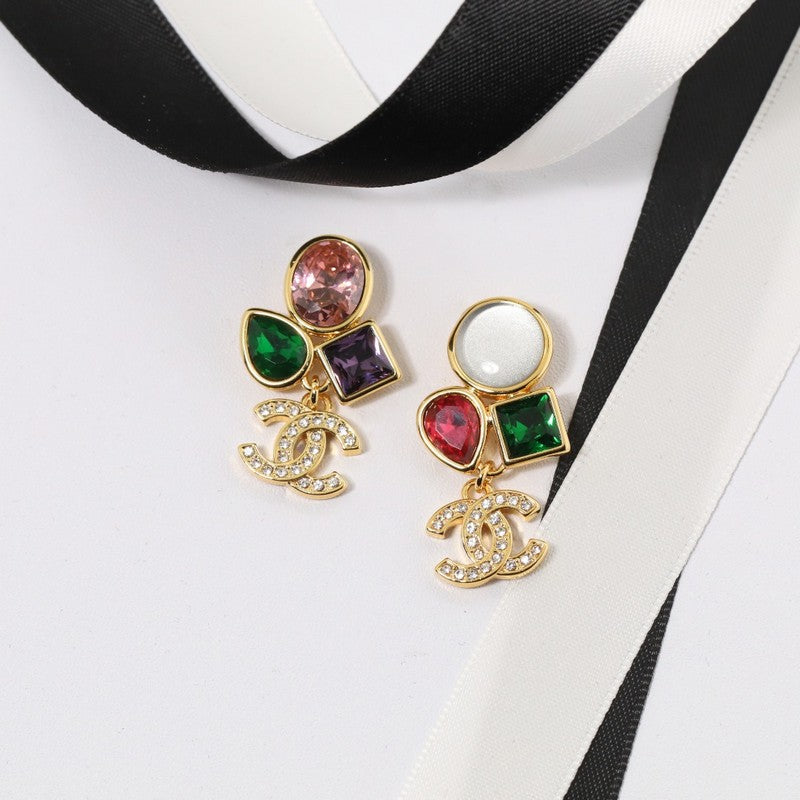 18K  Chanel Color Crystal Gold Earrings