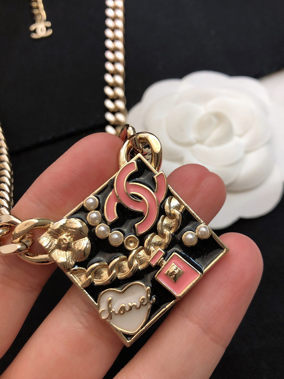 18K  Chanel Pink Logo Chain Necklace