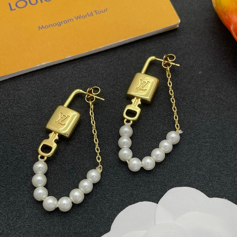 18K Louis Vuitton Pearl Lock Gold Earrings
