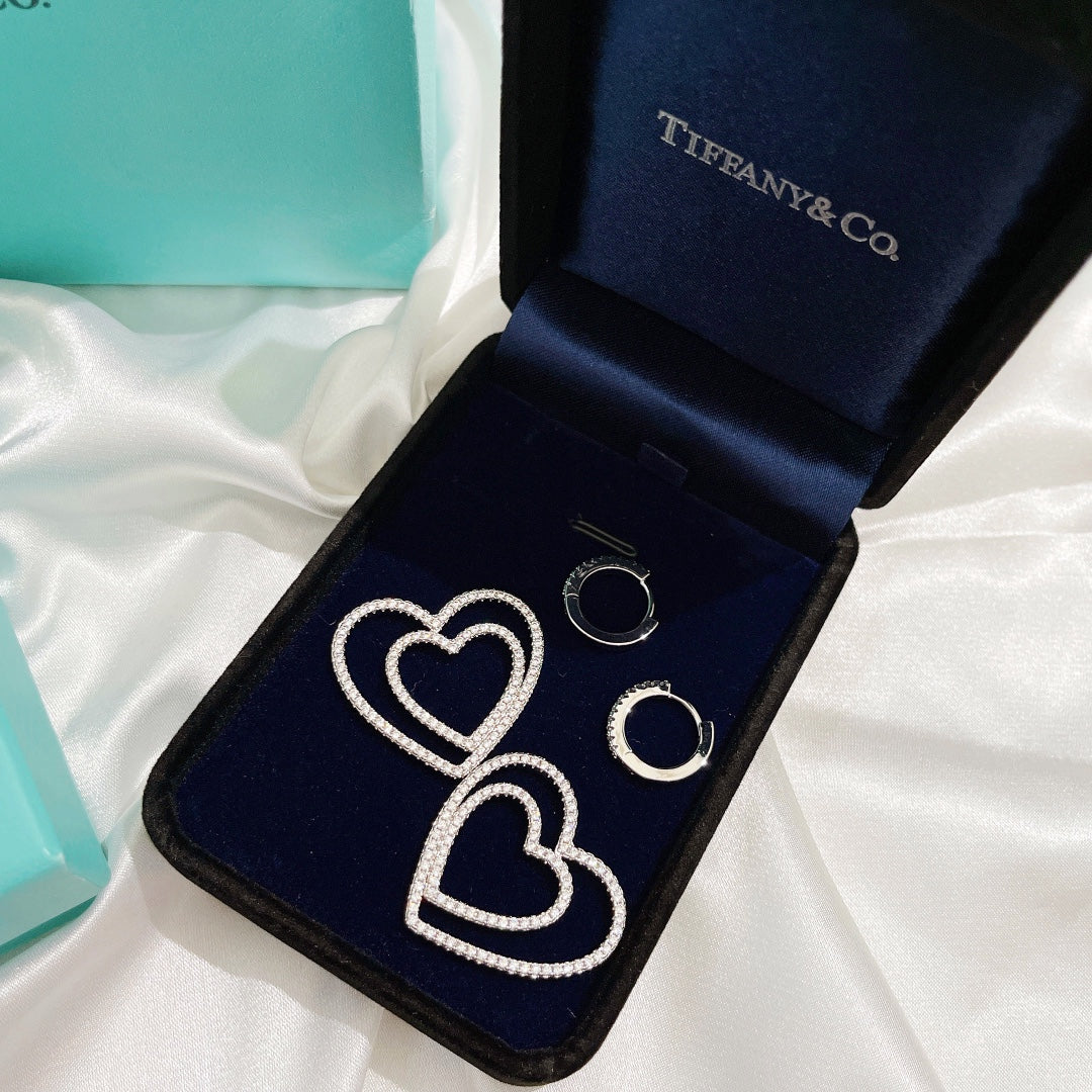 18K Tiffany Double Heart Diamond Earrings
