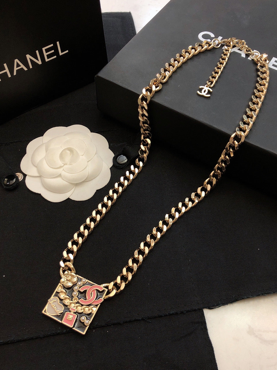 18K  Chanel Pink Logo Chain Necklace