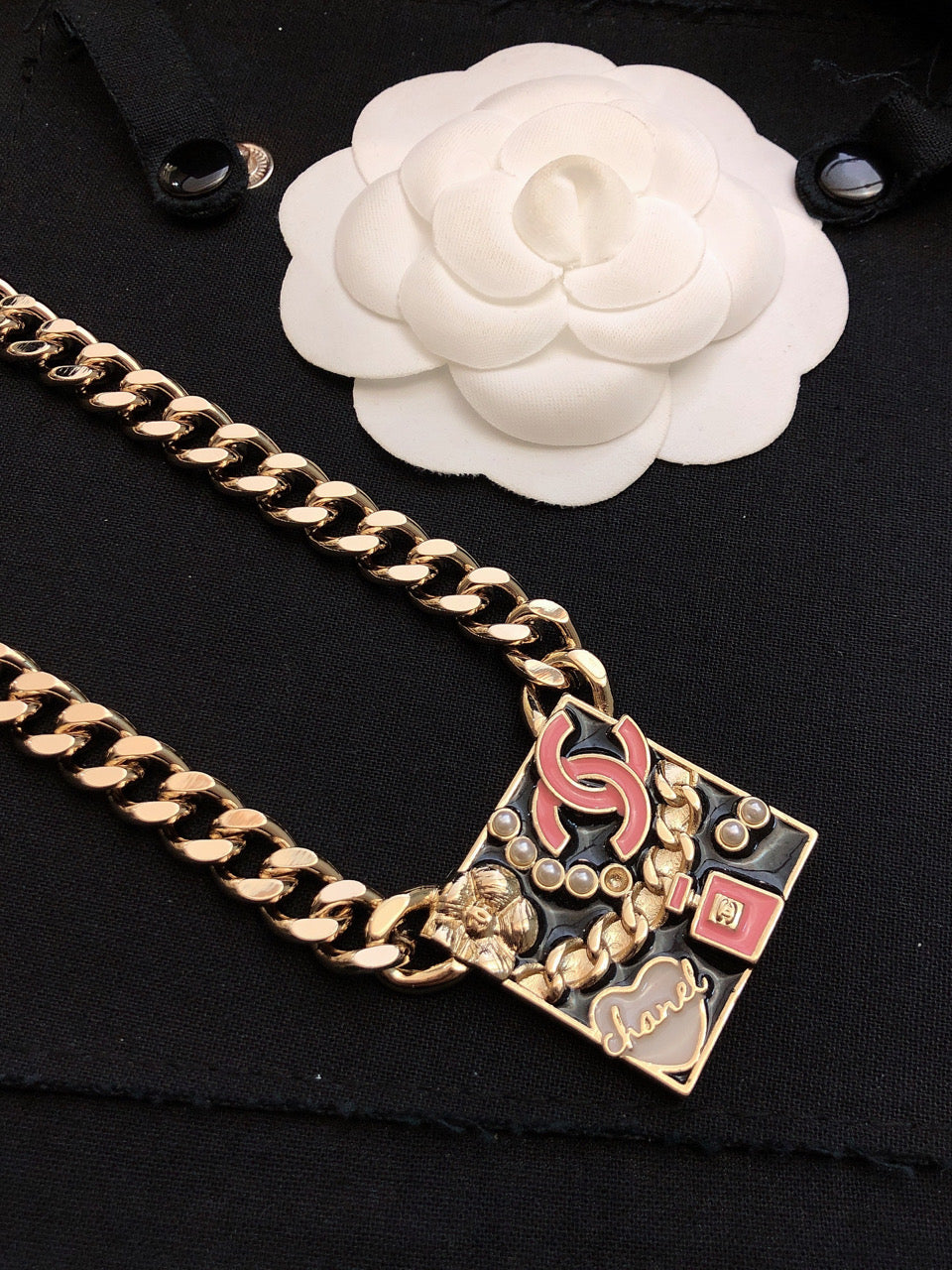 18K  Chanel Pink Logo Chain Necklace