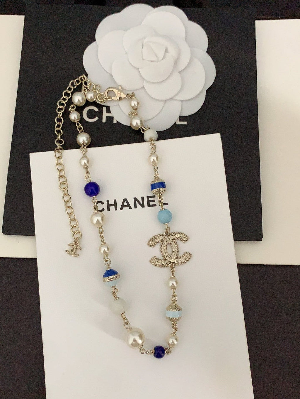18K  Chanel Blue & White Pearls Necklace
