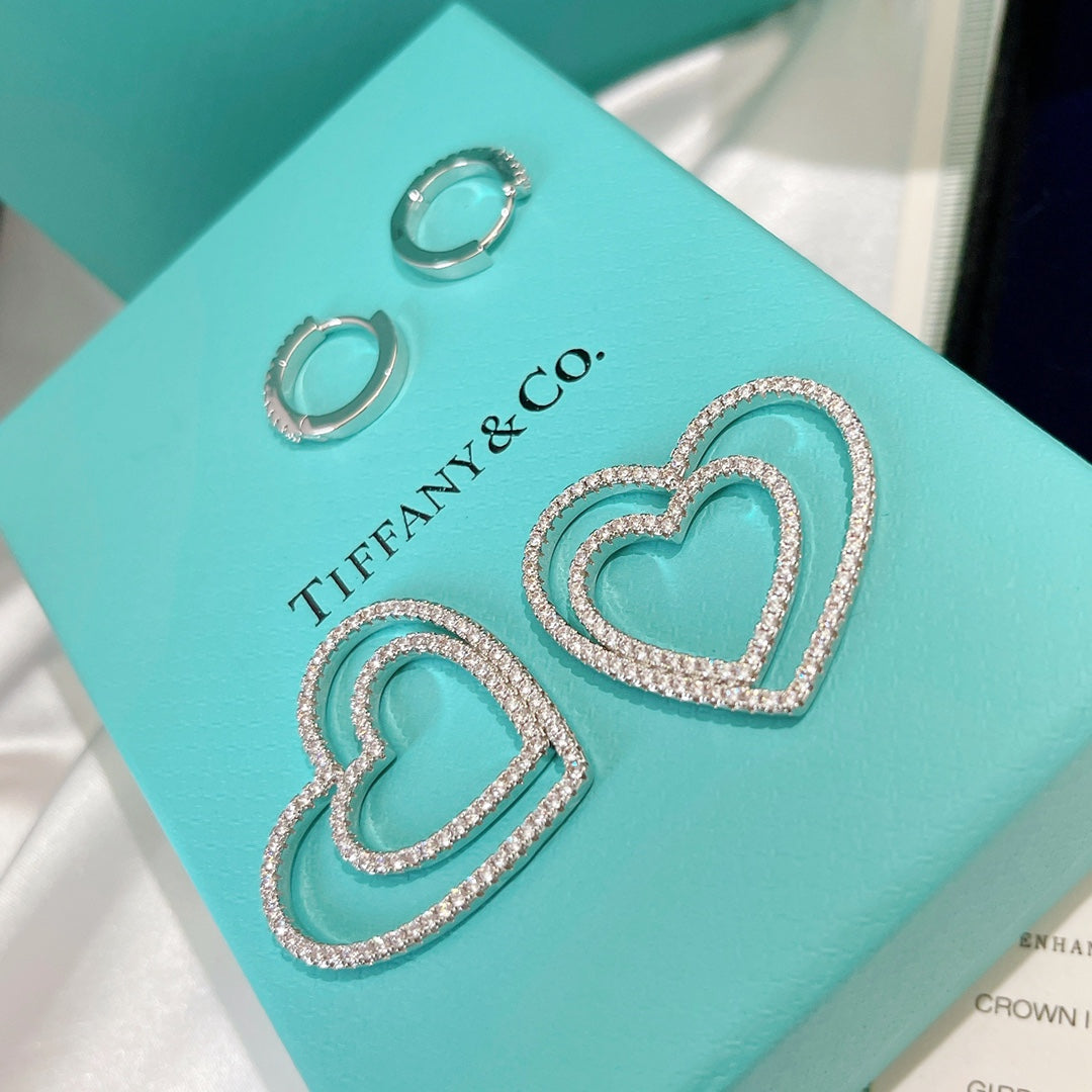 18K Tiffany Double Heart Diamond Earrings