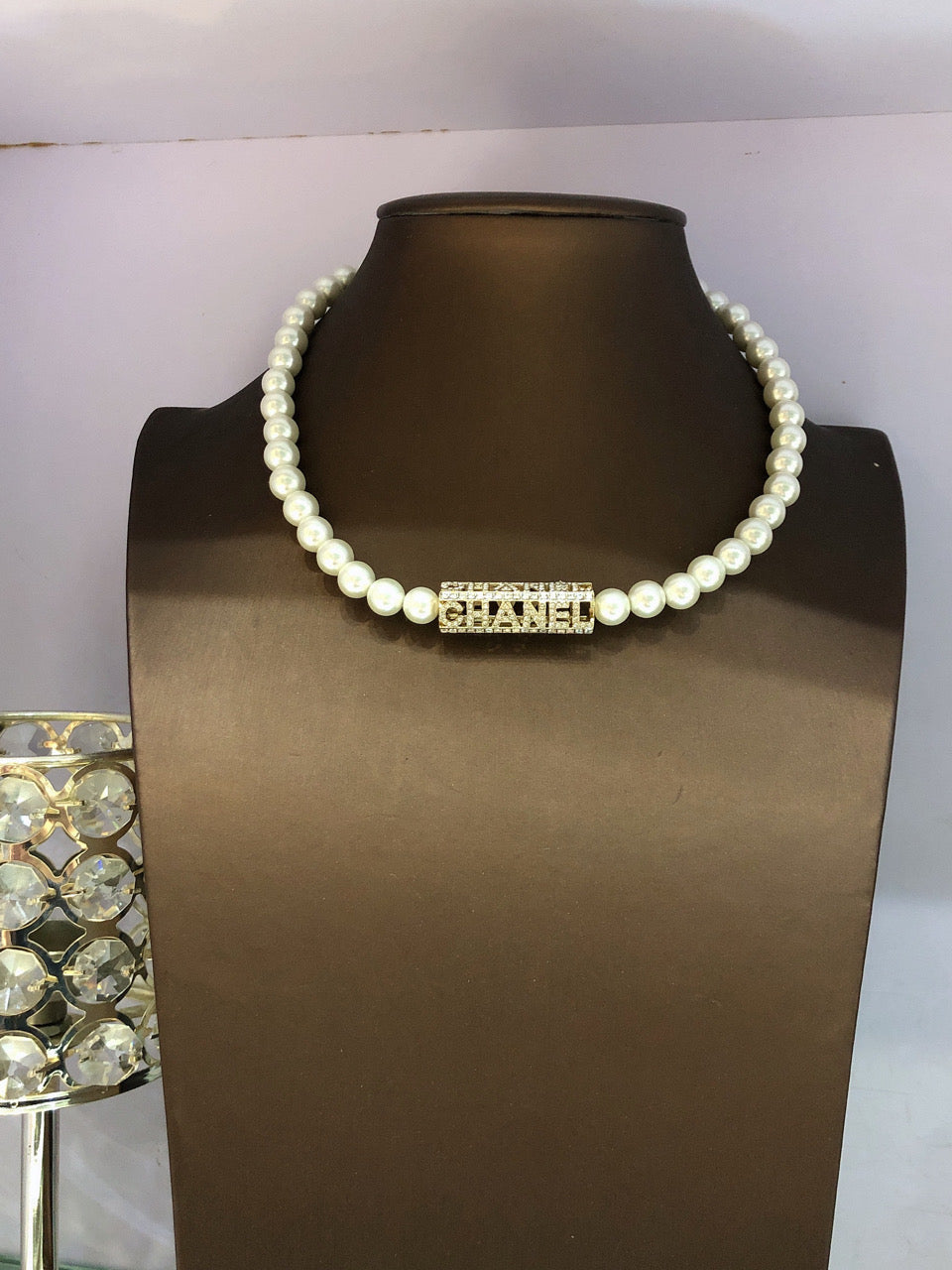 18K  Chanel Scripe Pearls Chain Necklace