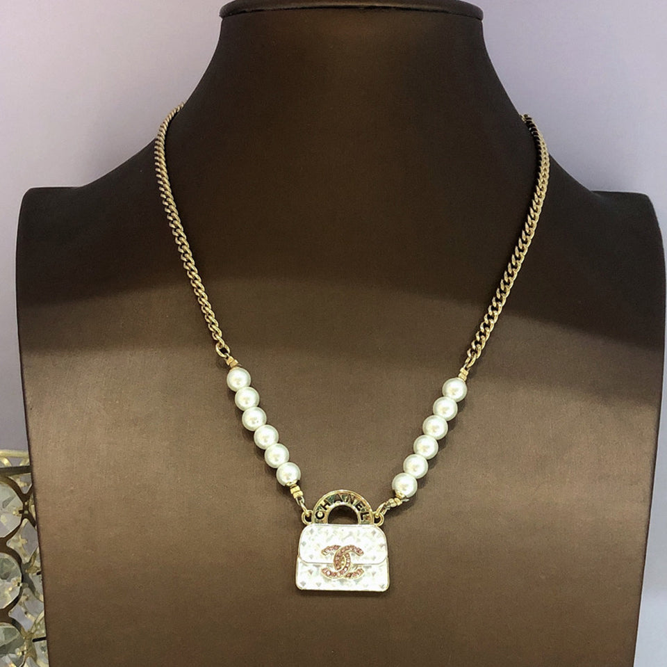 18K  Chanel Pearls Bag Pendant Necklace