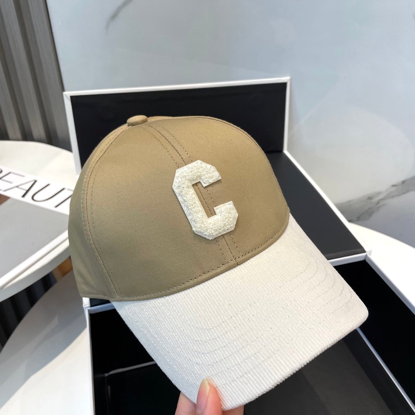 CELINE BASEBALL CAP MODEL 652406 IN OLIVE GREEN AND WHITE FABRIC