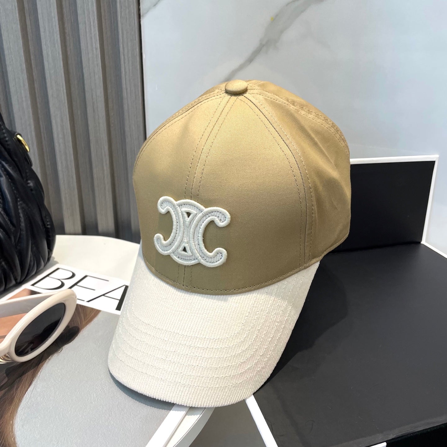 CELINE BASEBALL CAP MODEL 652407 IN OLIVE GREEN AND WHITE FABRIC