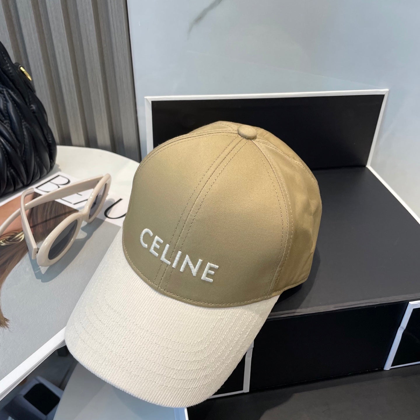 CELINE BASEBALL CAP MODEL 652408 IN OLIVE GREEN AND WHITE FABRIC