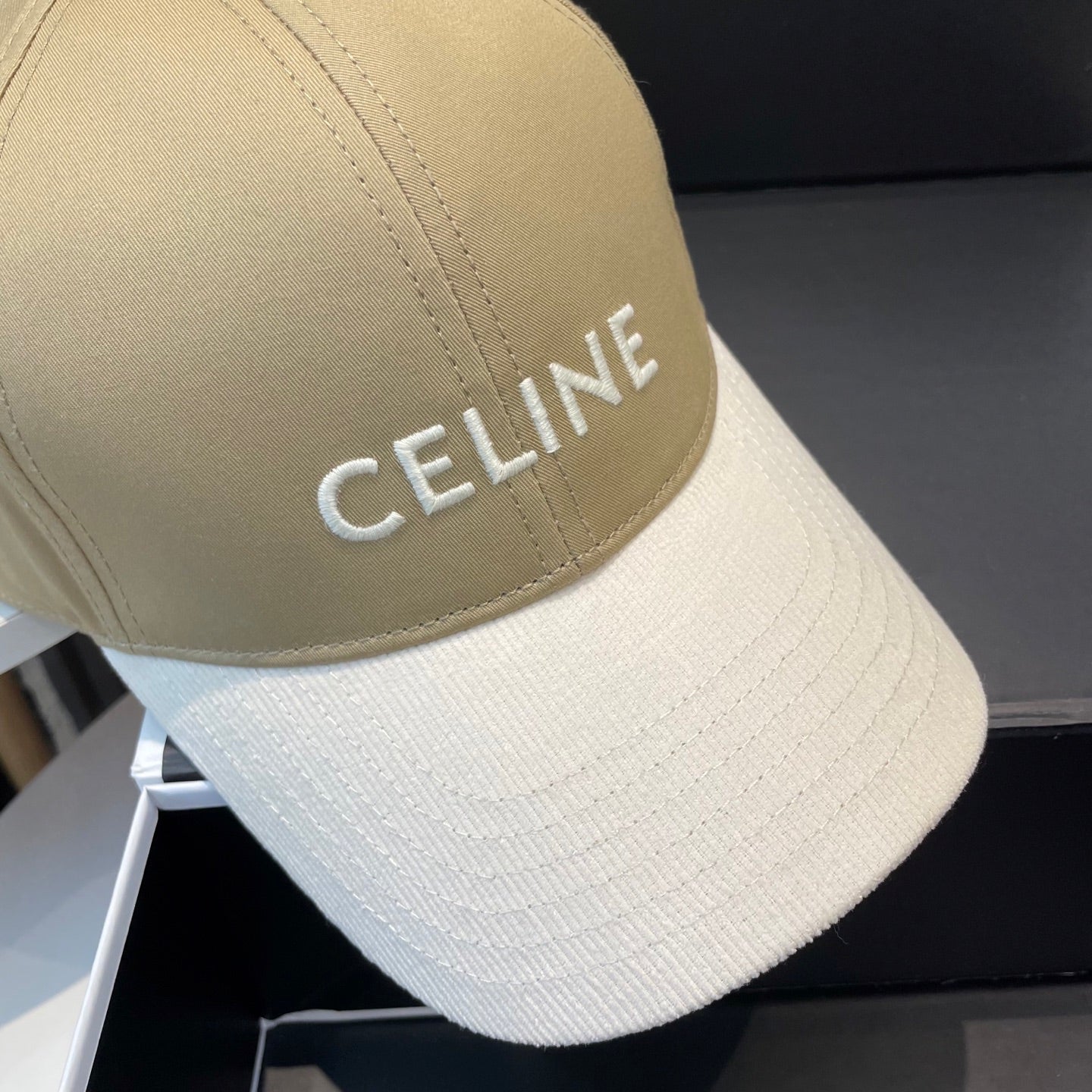CELINE BASEBALL CAP MODEL 652408 IN OLIVE GREEN AND WHITE FABRIC