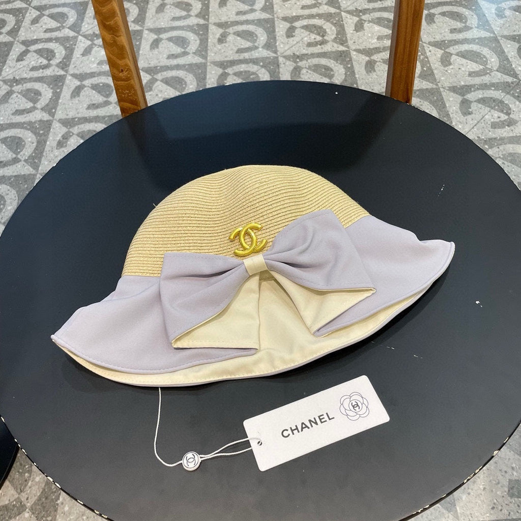 CHANEL BOW BUCKET HAT IN PALE PURPLE MIX BEIGE RAFFIA 426169