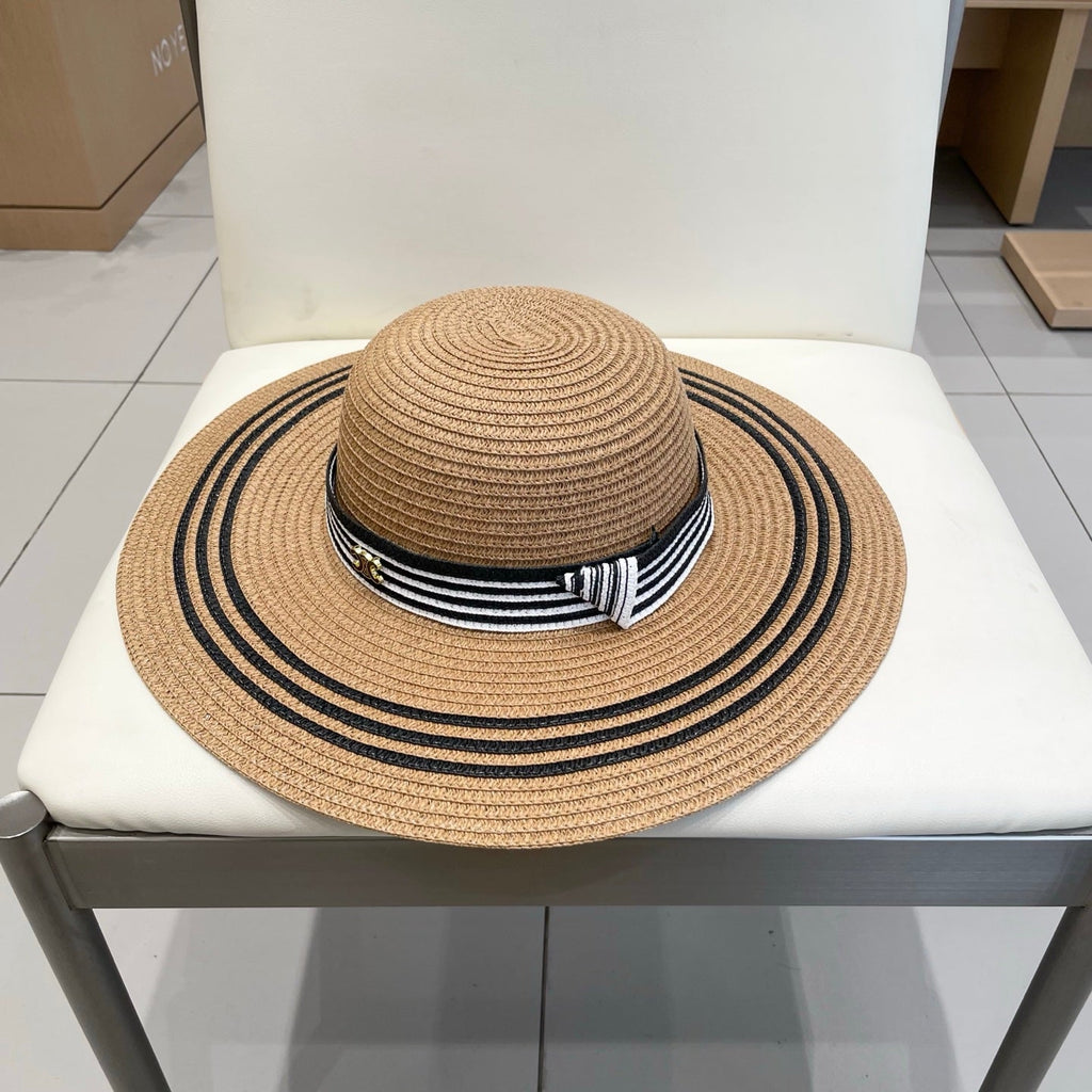 CELINE WIDE BRIM HAT MODEL 650410 IN BROWN WITH BLACK STRIPES WOVEN STRAW