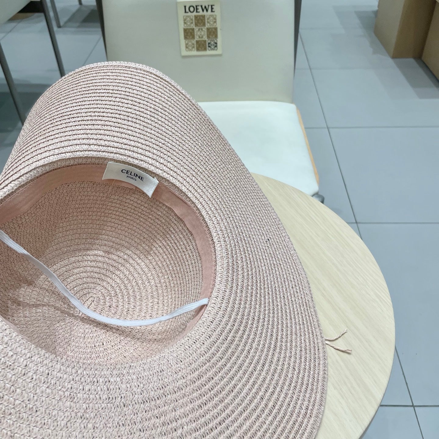 CELINE WIDE BRIM HAT MODEL 652184 IN LIGHT PINK WOVEN STRAW