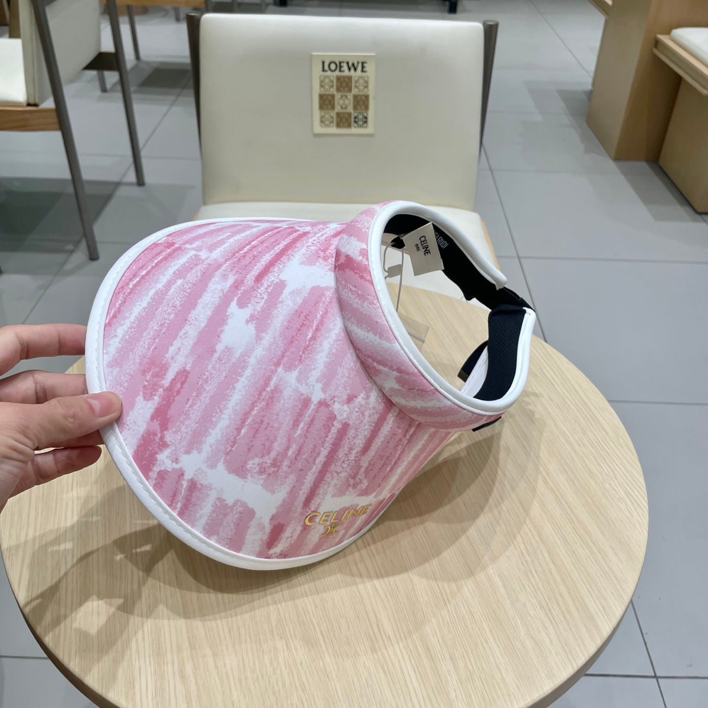 CELINE VISOR HAT MODEL 652203 IN PINK AND WHITE FABRIC