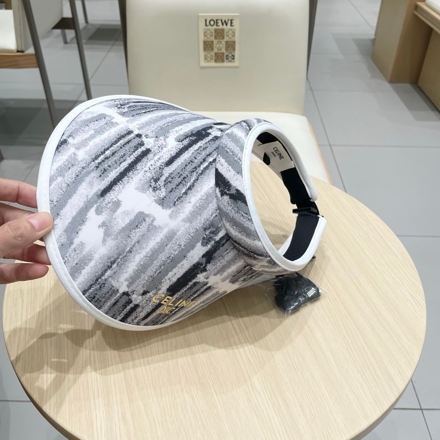 CELINE VISOR HAT MODEL 652204 IN GREY AND WHITE FABRIC