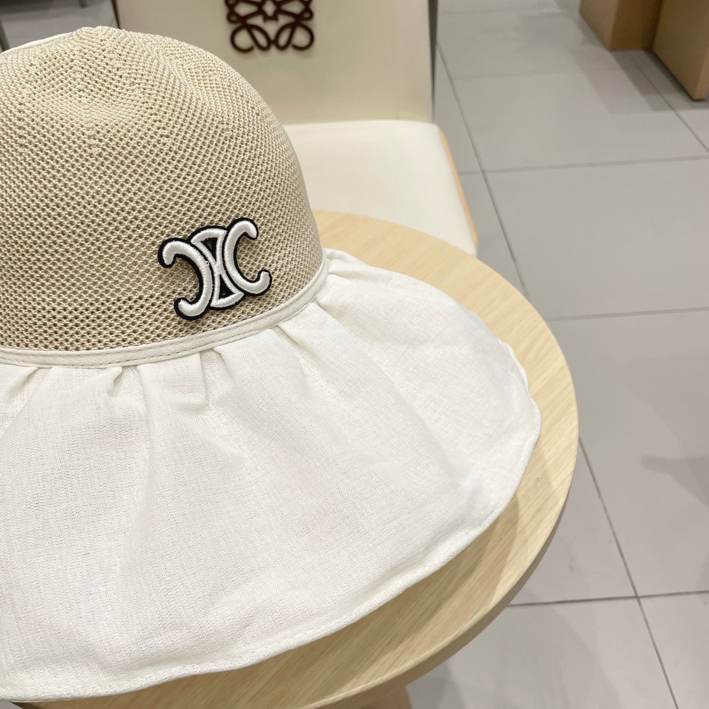 CELINE WIDE BRIM HALF HEAD HAT MODEL 650677 IN BEIGE MESH FABRIC