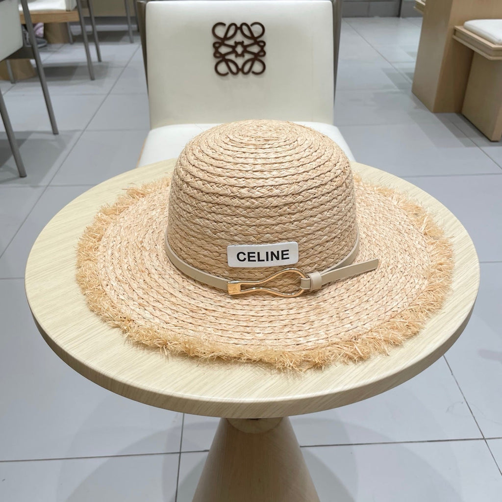 CELINE WIDE BRIM HAT MODEL 650421 IN NATURAL WITH BEIGE LEATHER STRAP RAFFIA STRAW