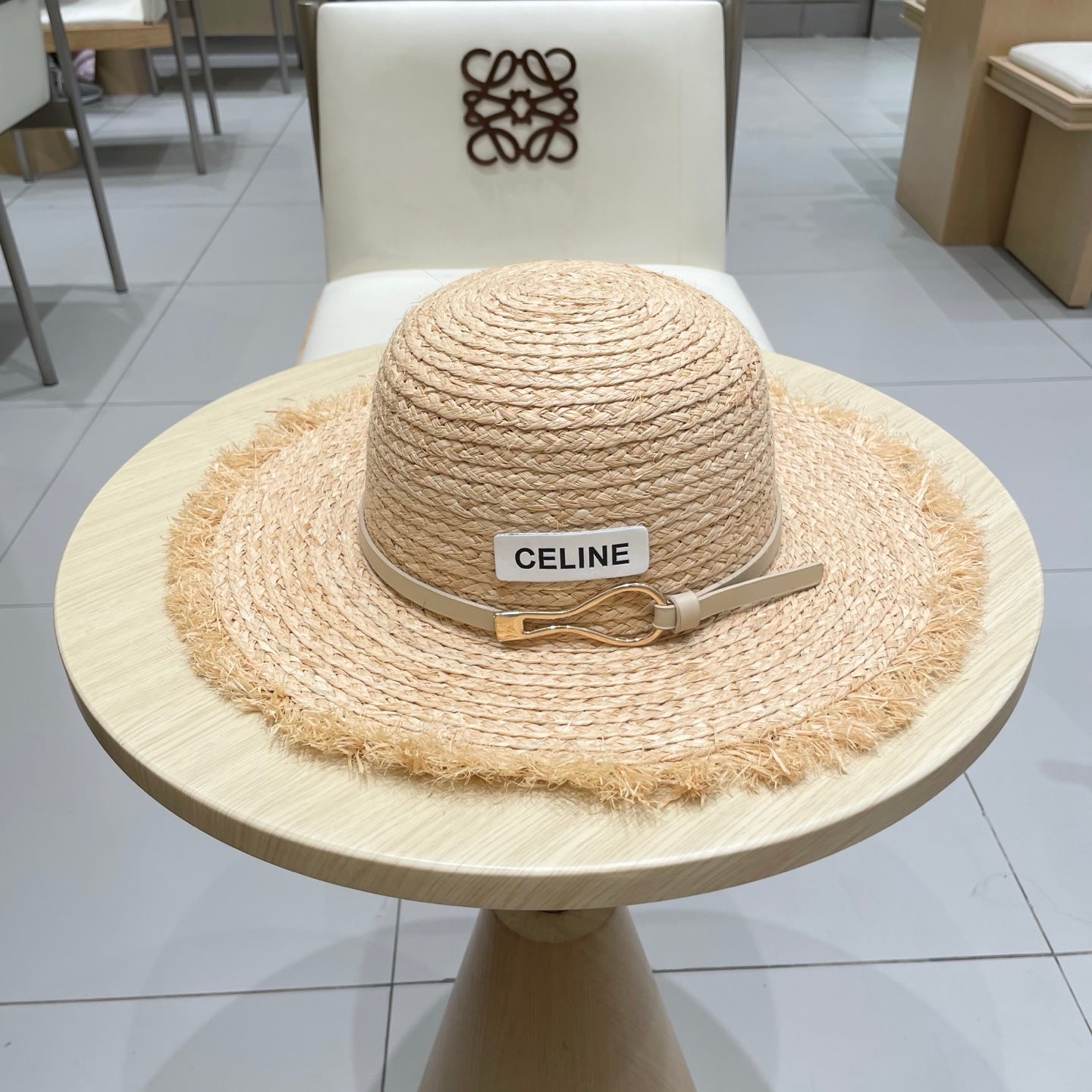 CELINE WIDE BRIM HAT MODEL 650421 IN NATURAL WITH BEIGE LEATHER STRAP RAFFIA STRAW