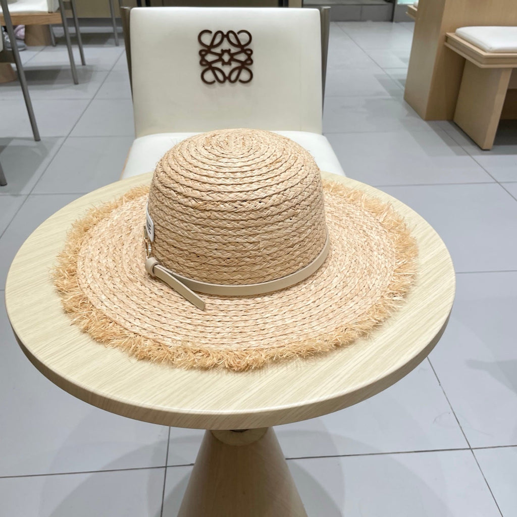 CELINE WIDE BRIM HAT MODEL 650421 IN NATURAL WITH BEIGE LEATHER STRAP RAFFIA STRAW