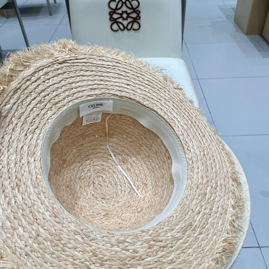 CELINE WIDE BRIM HAT MODEL 650421 IN NATURAL WITH BEIGE LEATHER STRAP RAFFIA STRAW