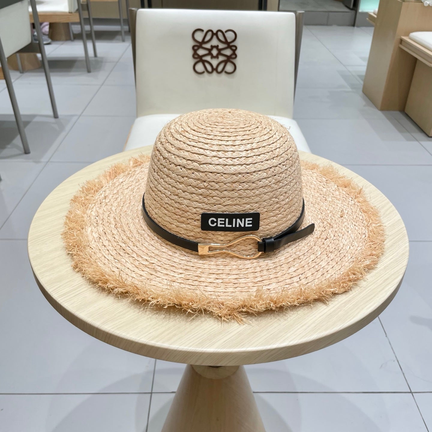 CELINE WIDE BRIM HAT MODEL 650422 IN NATURAL WITH BLACK LEATHER STRAP RAFFIA STRAW