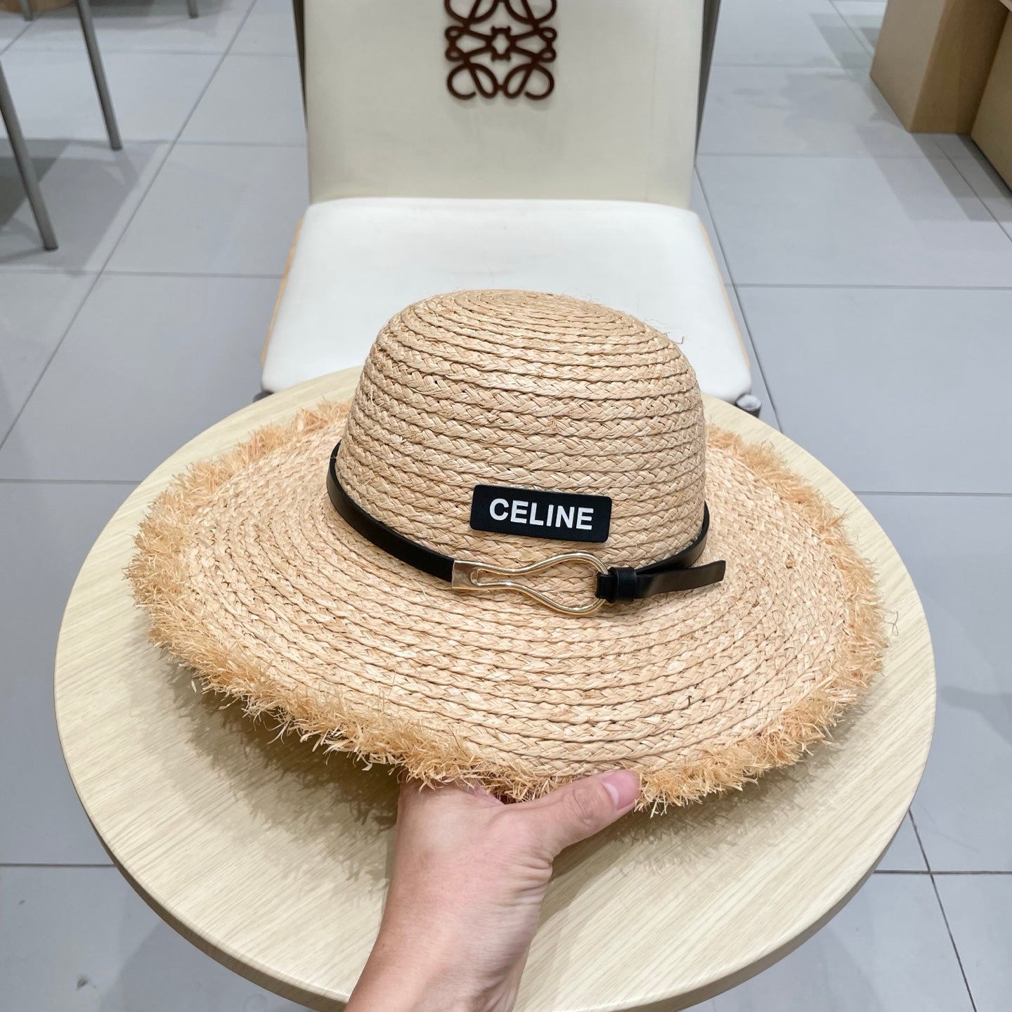 CELINE WIDE BRIM HAT MODEL 650422 IN NATURAL WITH BLACK LEATHER STRAP RAFFIA STRAW