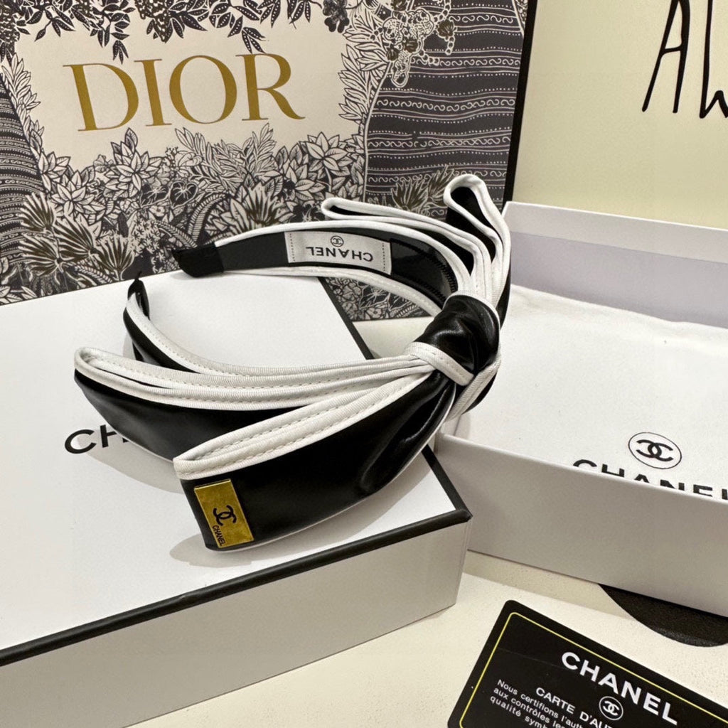 CHANEL BLACK MIX WHITE SILK HAIRBAND 412467